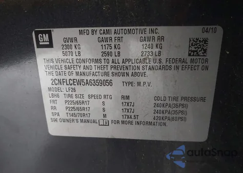 2010 Chevrolet Equinox Ls из США, поврежденный, VIN 2CNFLCEW5A6359056